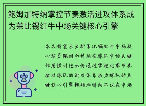 鲍姆加特纳掌控节奏激活进攻体系成为莱比锡红牛中场关键核心引擎