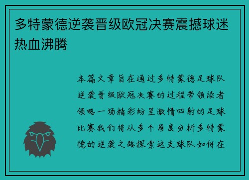 多特蒙德逆袭晋级欧冠决赛震撼球迷热血沸腾